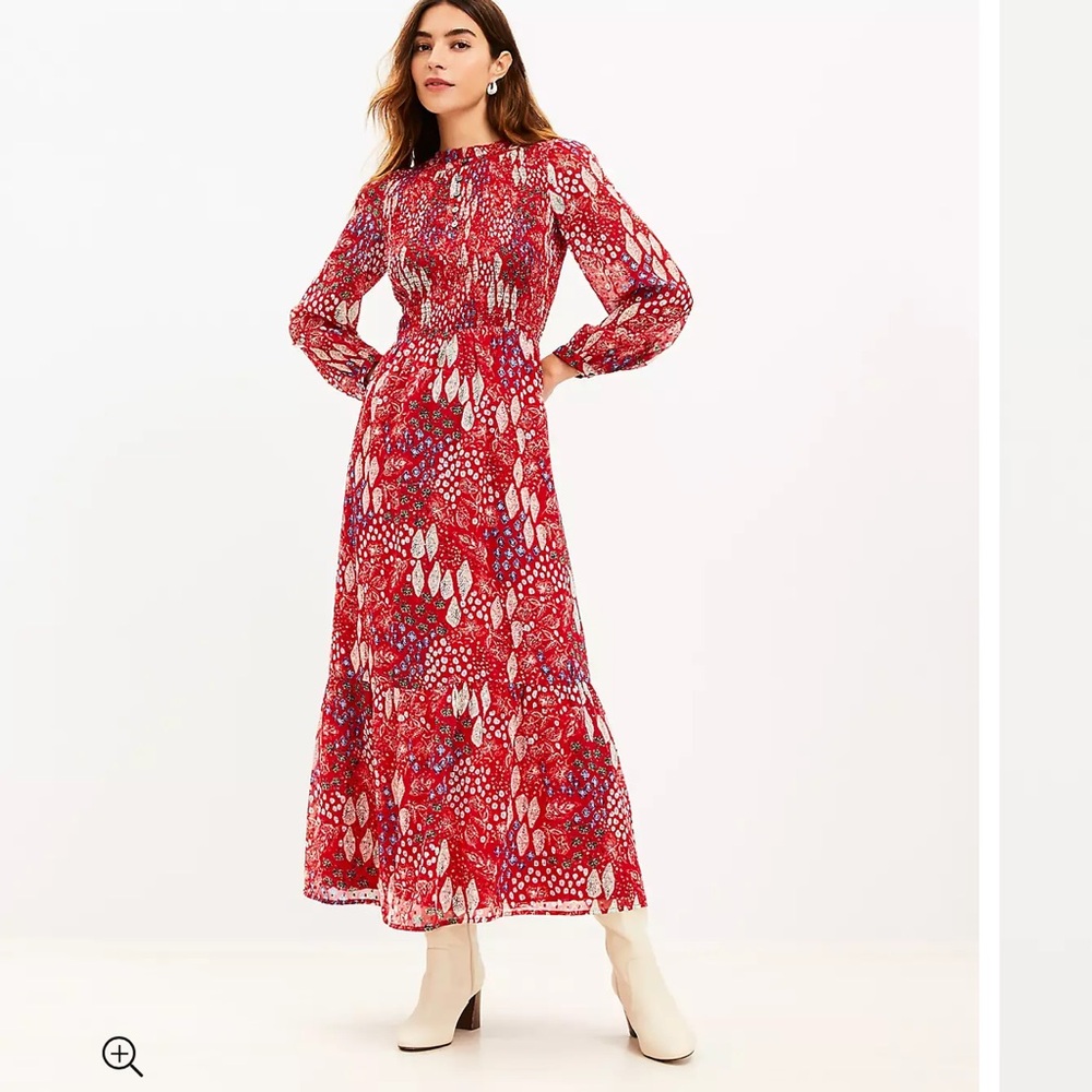 Loft Petite Garden Smocked Bodice Tiered Maxi Dress Size 00 Tango Red Women's Loft Petite Garden Smocked Bodice Tiered Maxi Dress Size 00 Tango Red Women's